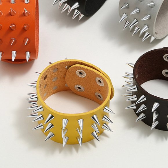 Yellow Faux Leather Three Row Spike Rivet Bracelet - Picture 3 of 3